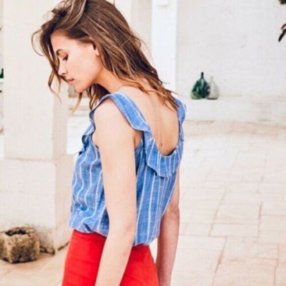 Sezane Manon Striped Blouse Tank Top Ruffle Buttondown Embroidered M-38 283123 - Picture 4 of 9